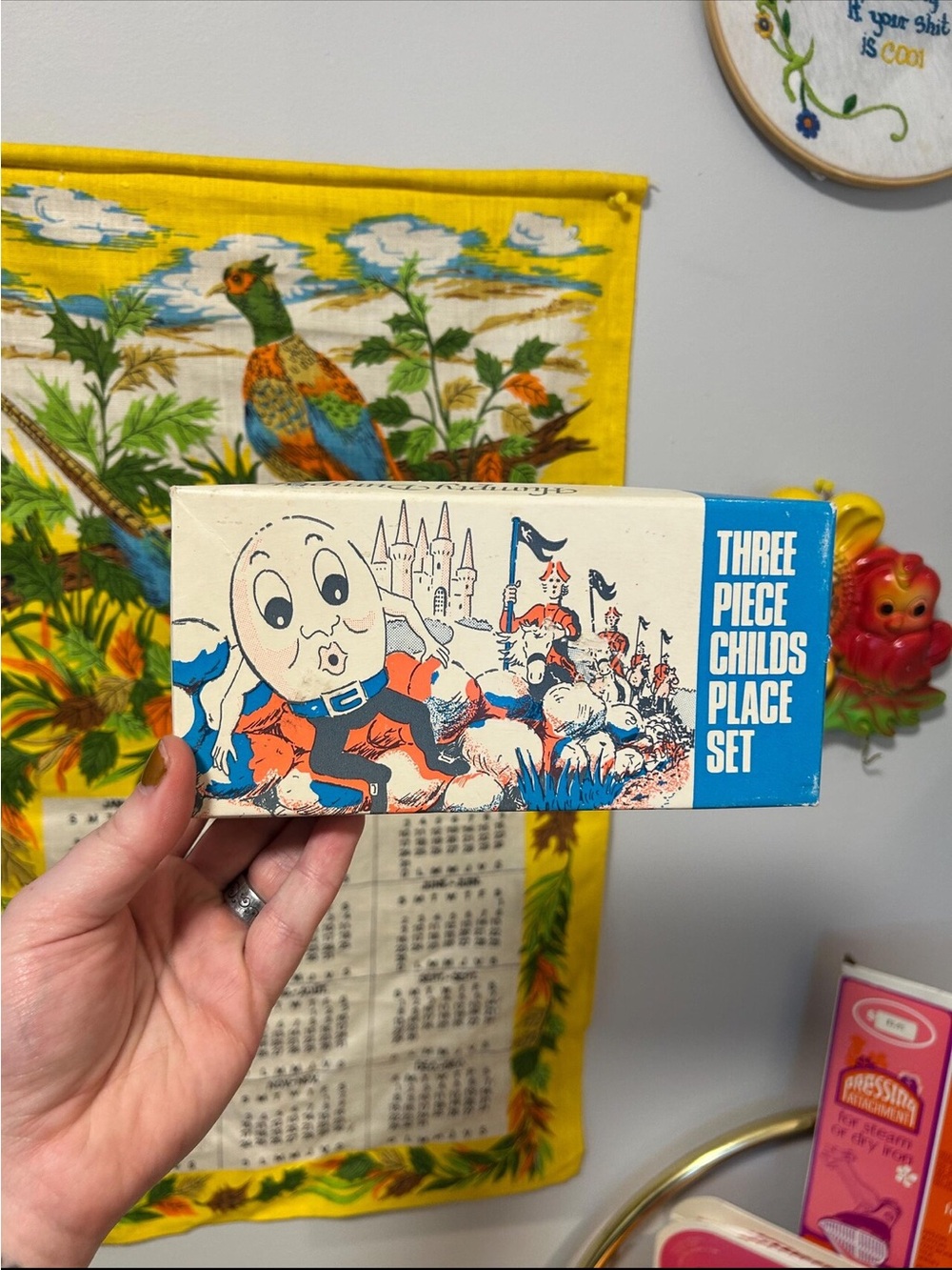 Three Piece Childs Place Set - Blue/White Vintage Humpty Dumpty Box Silverware